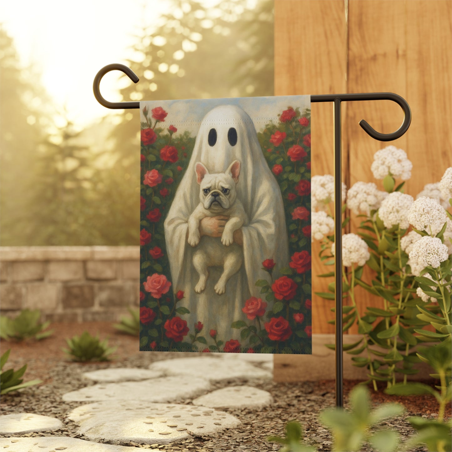 White French Bulldog Ghostie Halloween Garden Flag