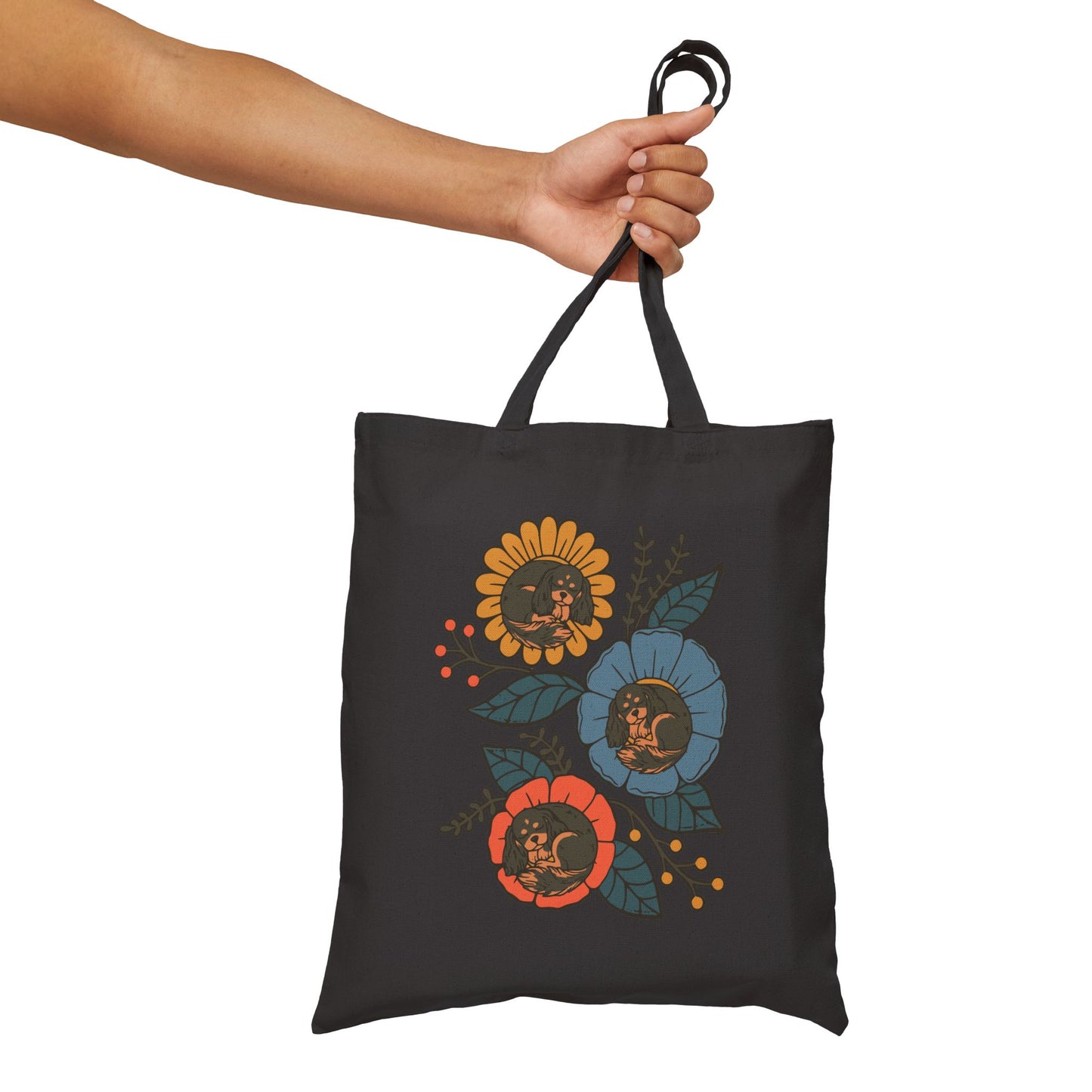 Black and Tan Cavalier Sleeping Flowers Tote Bag