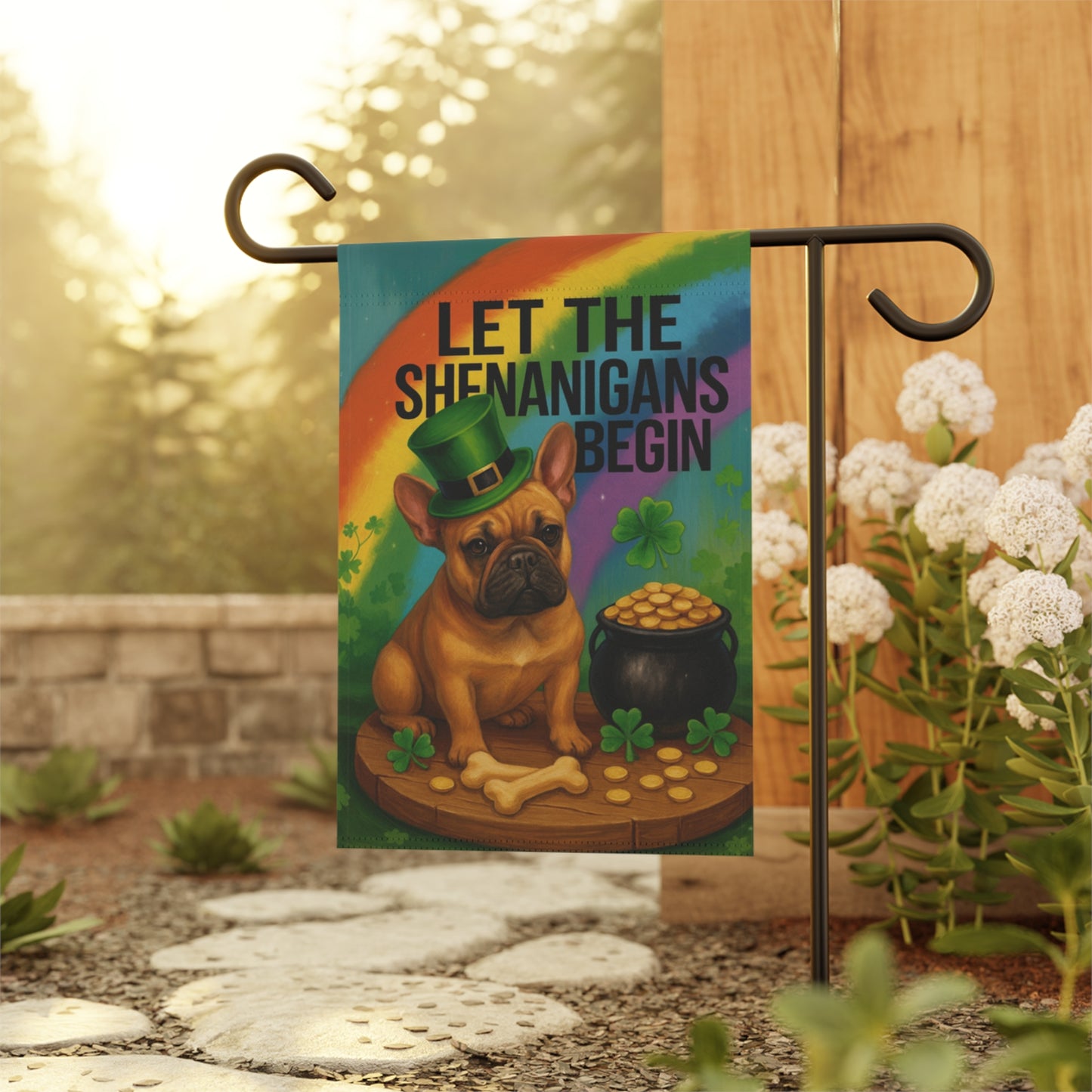 Fawn French Bulldog Saint Patricks Day Garden Flag
