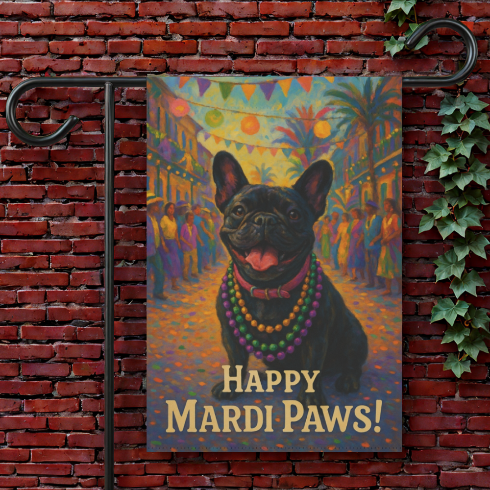 Black French Bulldog Mardi Gras Paws Garden Flag