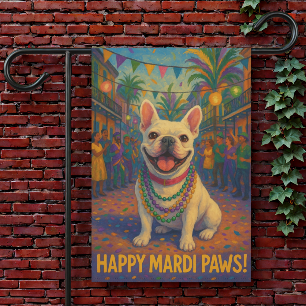 White French Bulldog Mardi Gras Paws Garden Flag
