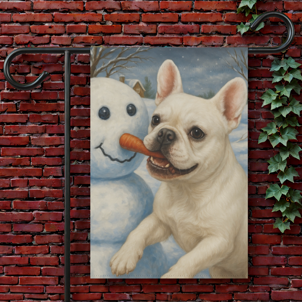 White French Bulldog Snowman Garden Flag