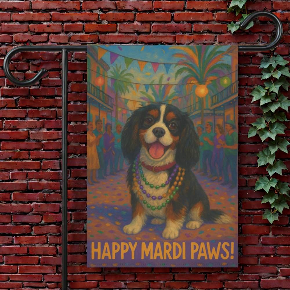 Tricolor Cavalier Mardi Paws Garden Flag