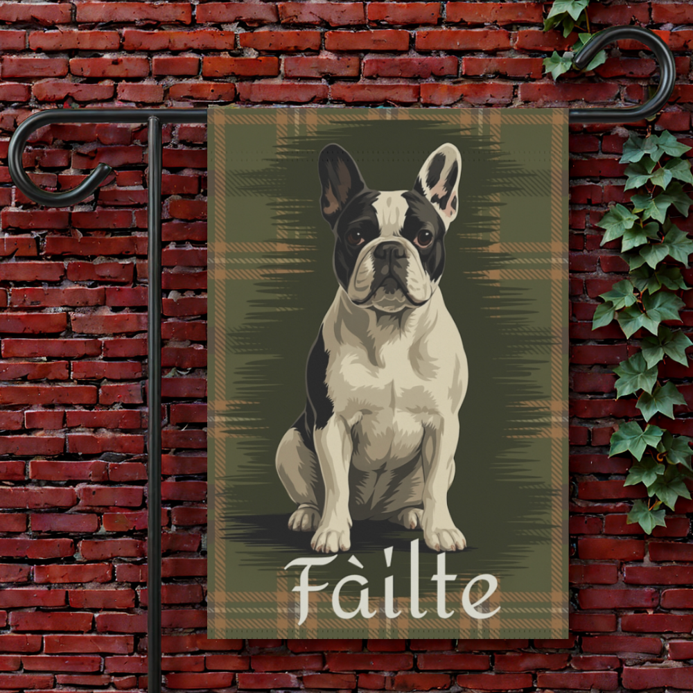 Piebald French Bulldog Scottish Welcome Garden Flag