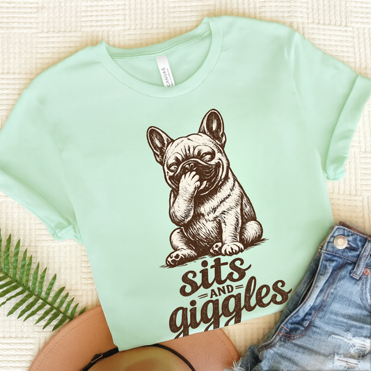 French Bulldog Sits and Giggles Unisex TShirt Heather Mint
