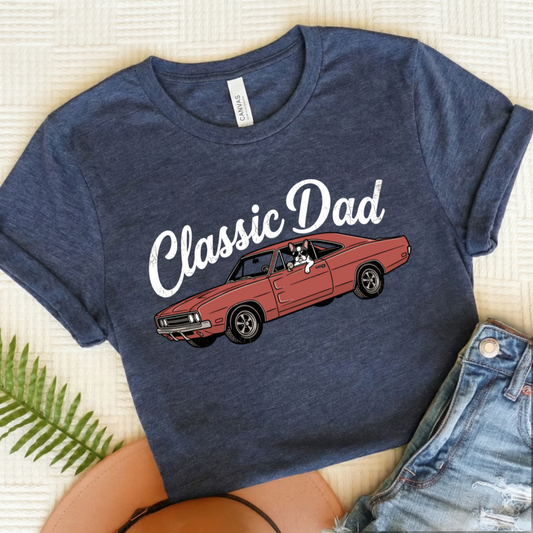 French Bulldog Classic Car Dad Unisex TShirt Heather Navy