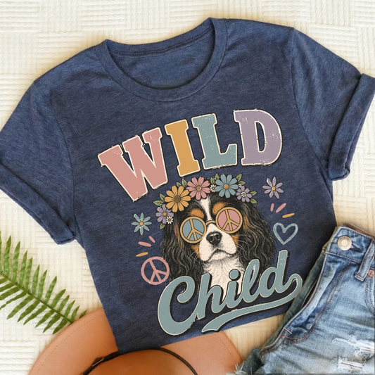 Cavalier King Charles Wild Child Hippie Unisex TShirt Heather Navy