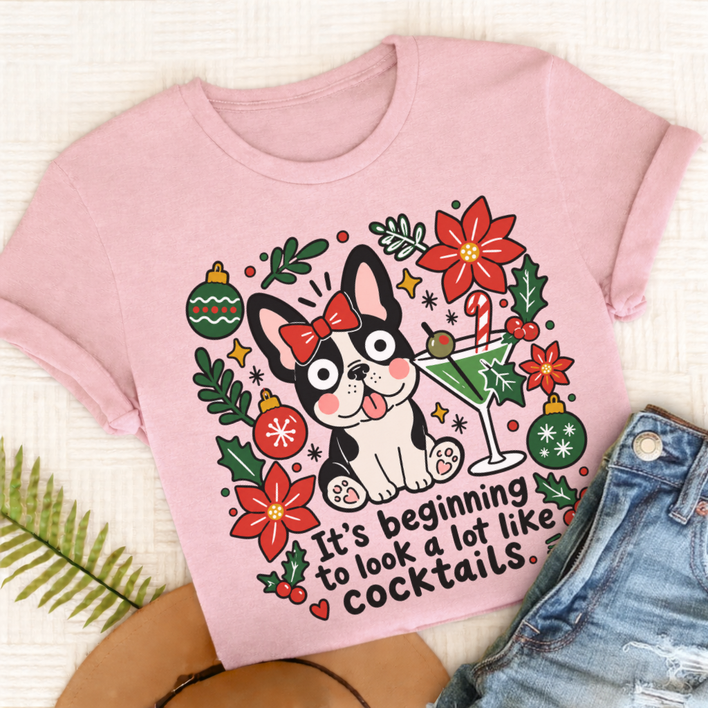 Custom French Bulldog Christmas Cocktails Unisex TShirt Blossom
