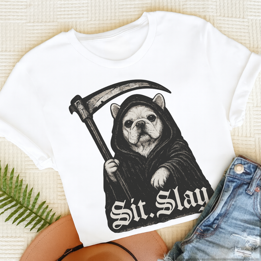 French Bulldog Reaper Sit Slay Unisex Tshirt White