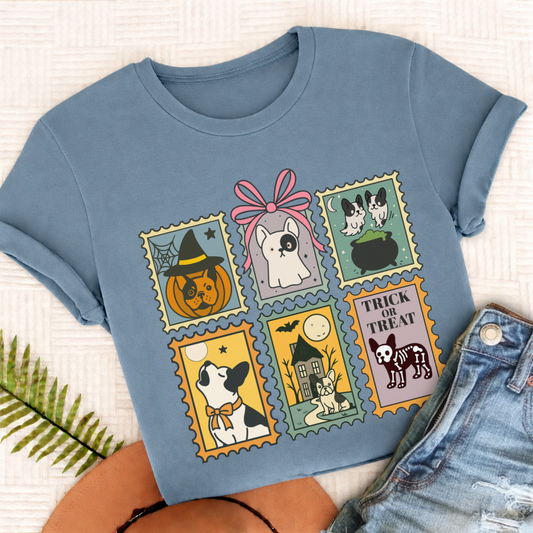Custom French Bulldog Halloween Stamps Unisex TShirt Ice Blue