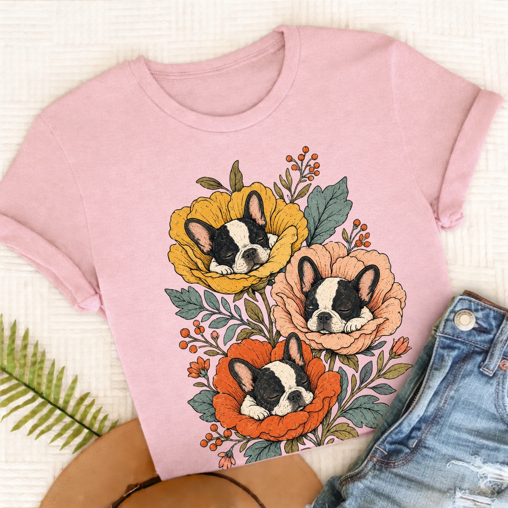 Custom Frenchie Sleeping Flowers Unisex TShirt Blossom