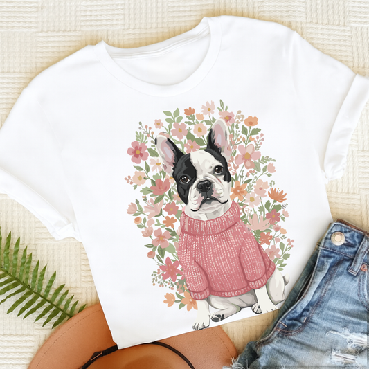 Custom French Bulldog Bouquet Flowers Unisex Tshirt White