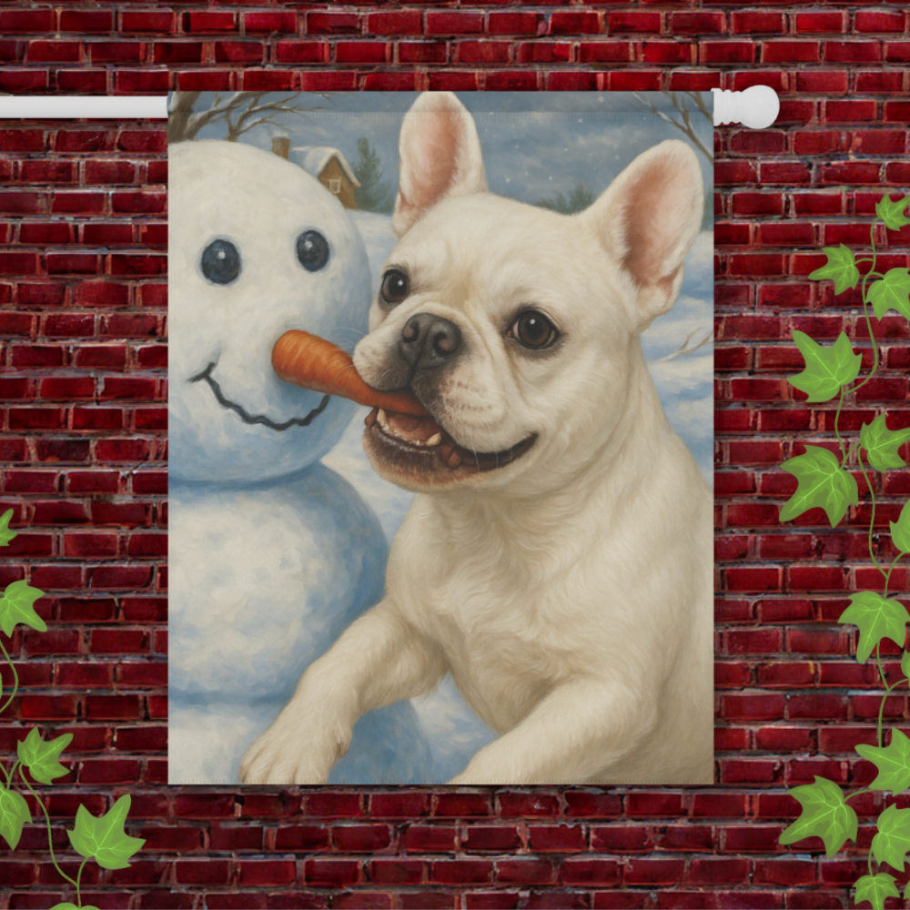 White French Bulldog Snowman Garden Flag