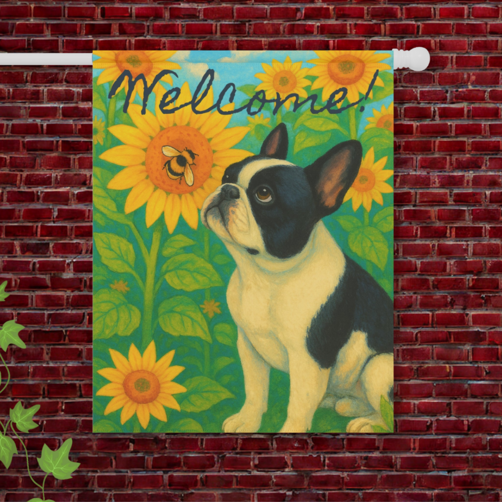 Piebald French Bulldog Sunflower Garden Flag