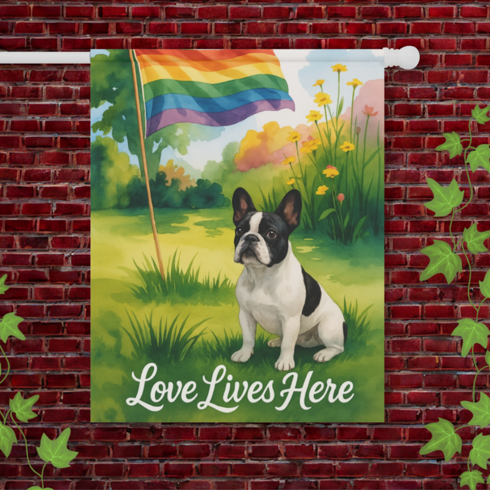 LGBTQ+ Pride Piebald French Bulldog Garden Flag