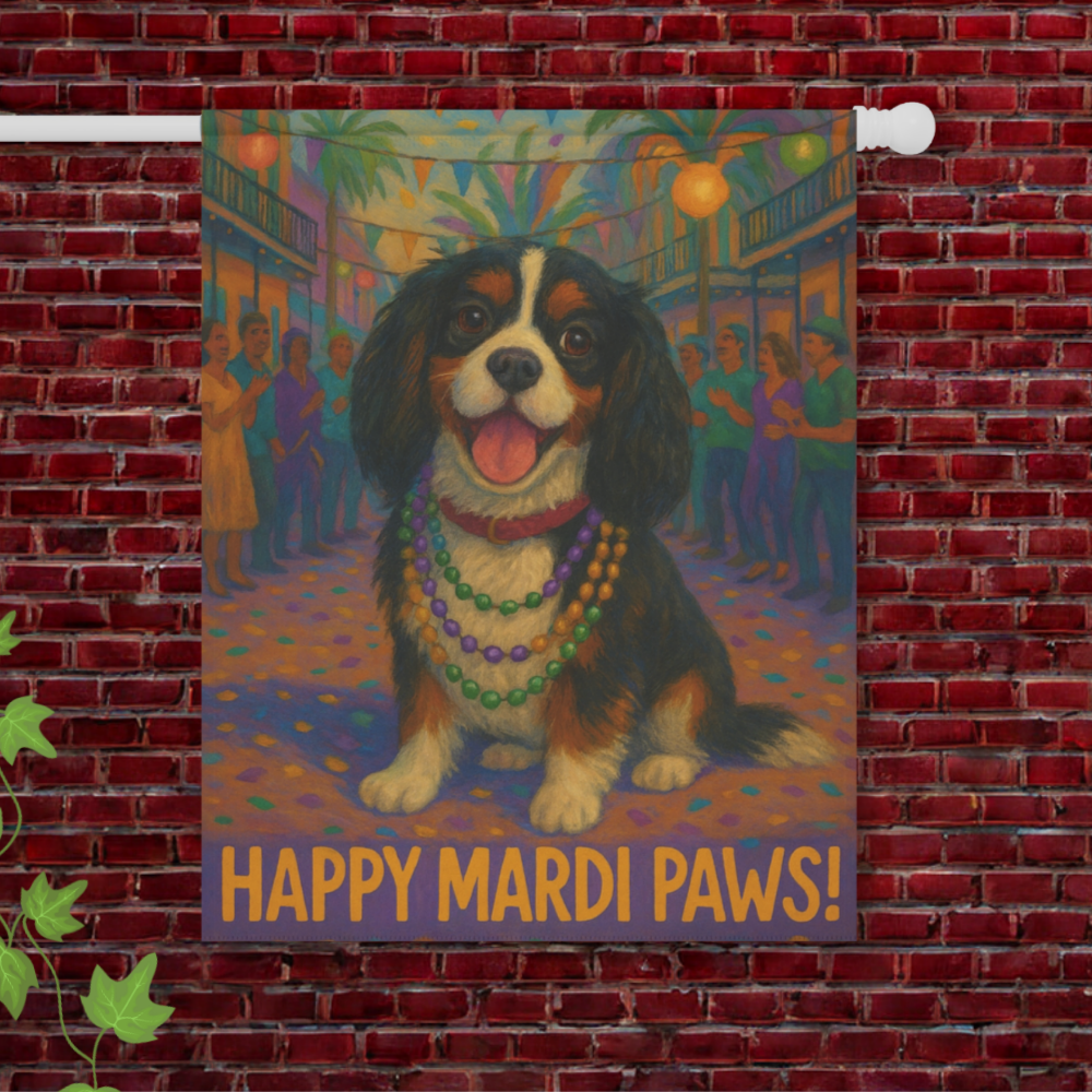 Tricolor Cavalier Mardi Paws Garden Flag