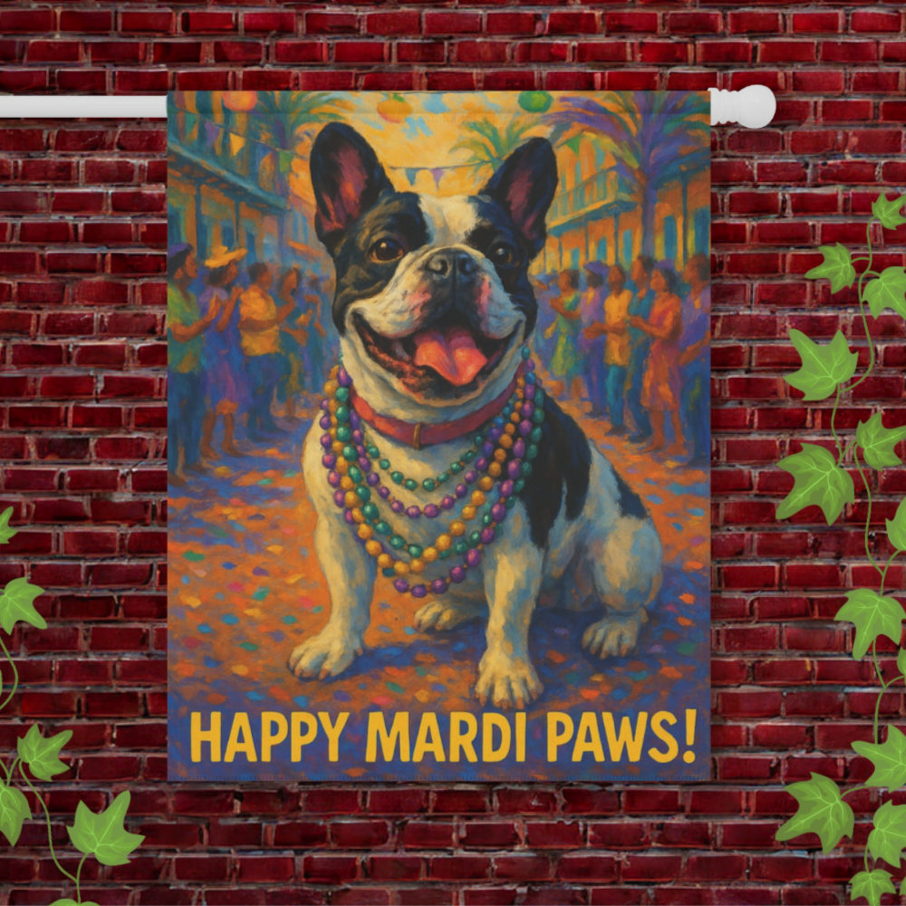 Piebald French Bulldog Mardi Gras Paws Garden Flag