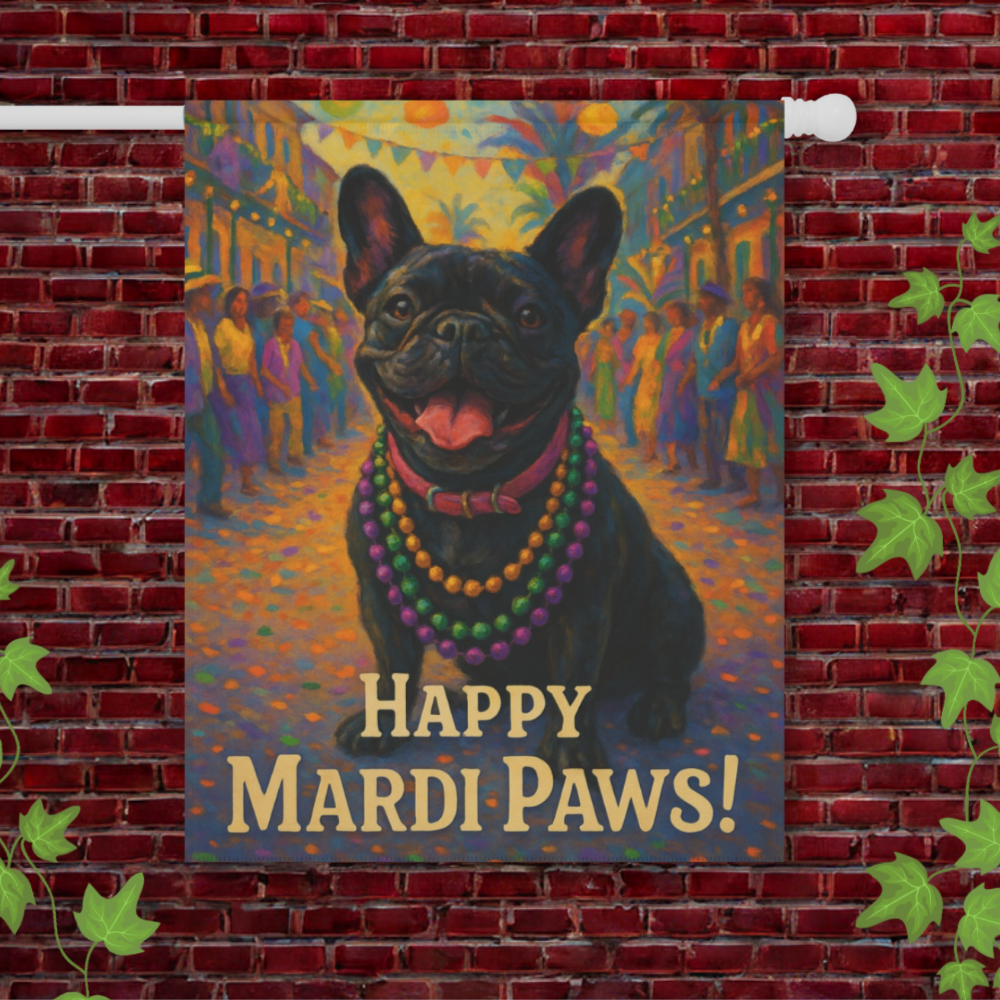 Black French Bulldog Mardi Gras Paws Garden Flag