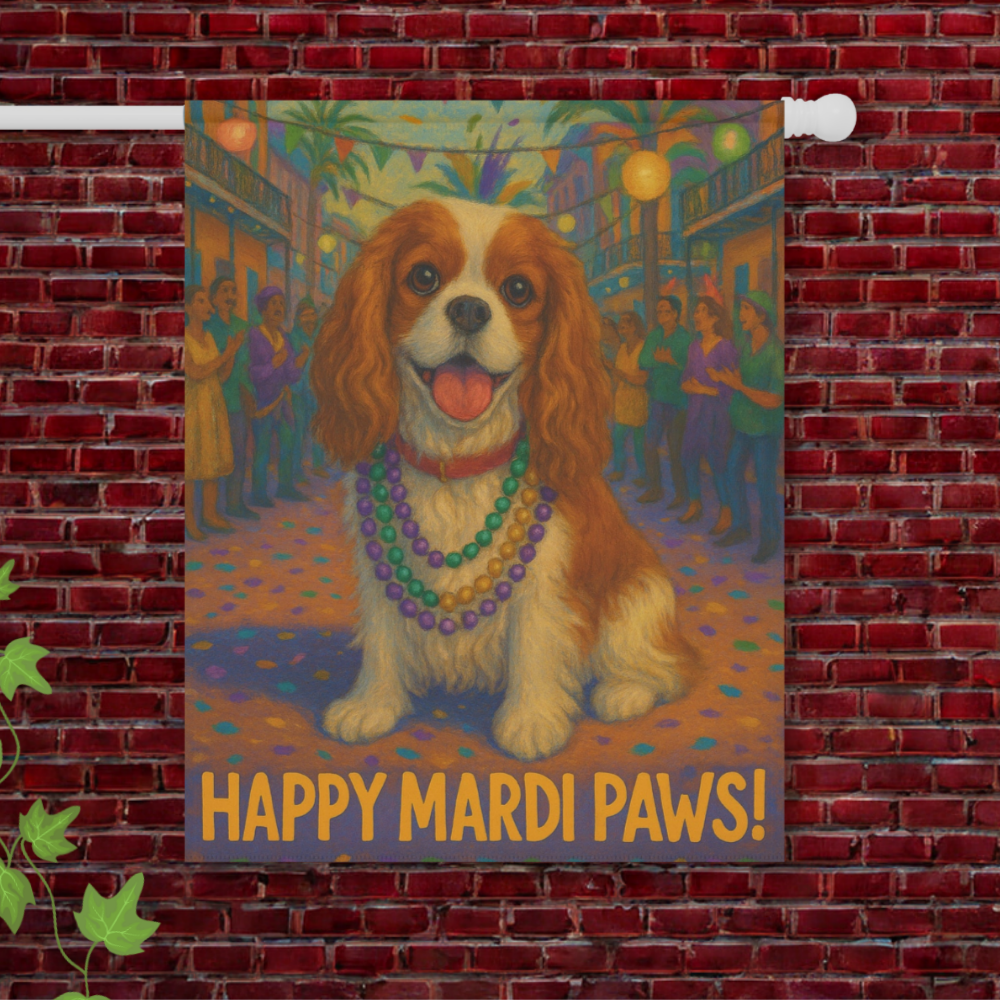 Blenheim Cavalier Mardi Gras Paws Garden Flag