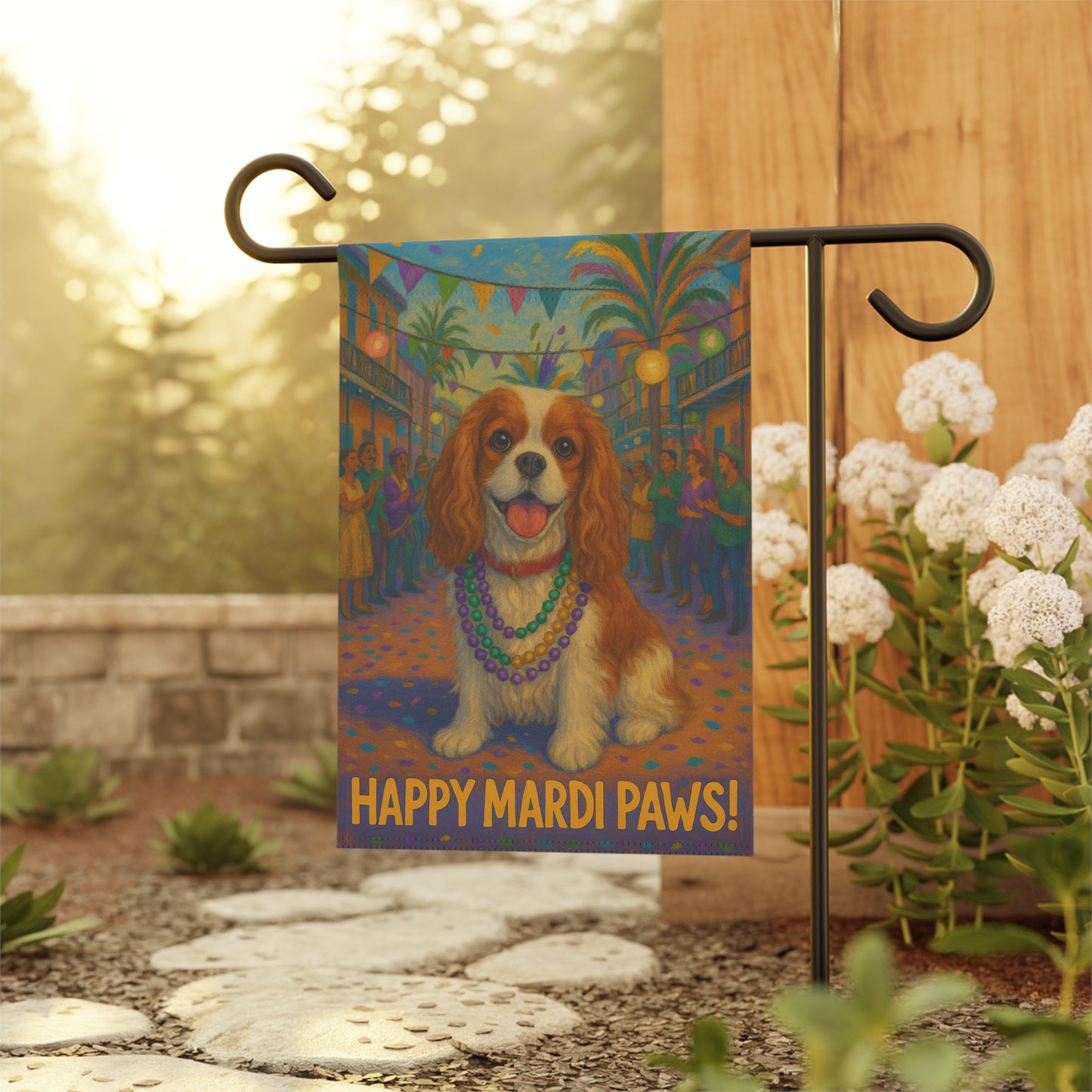 Blenheim Cavalier Mardi Gras Paws Garden Flag