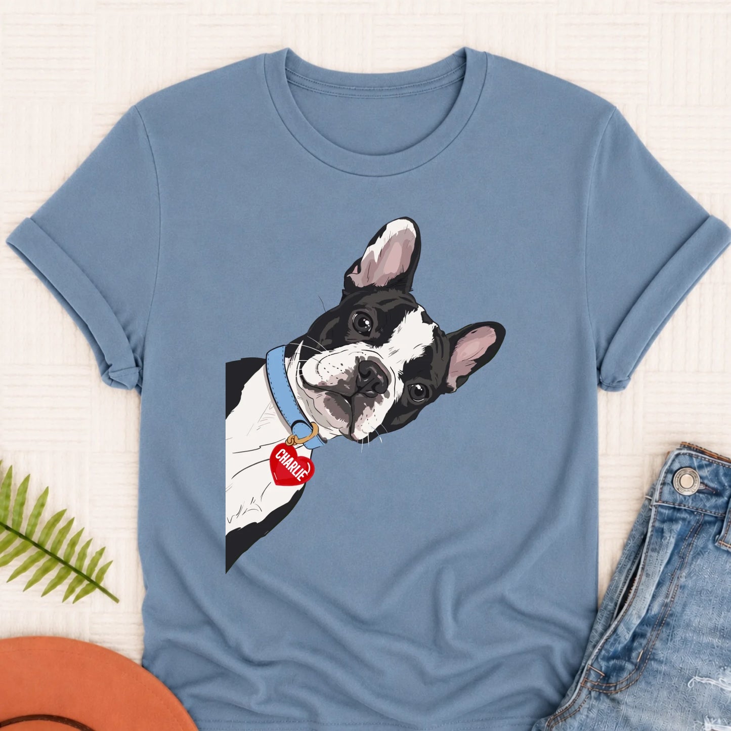 Custom French Bulldog Curious Unisex Tshirt Blue Jean