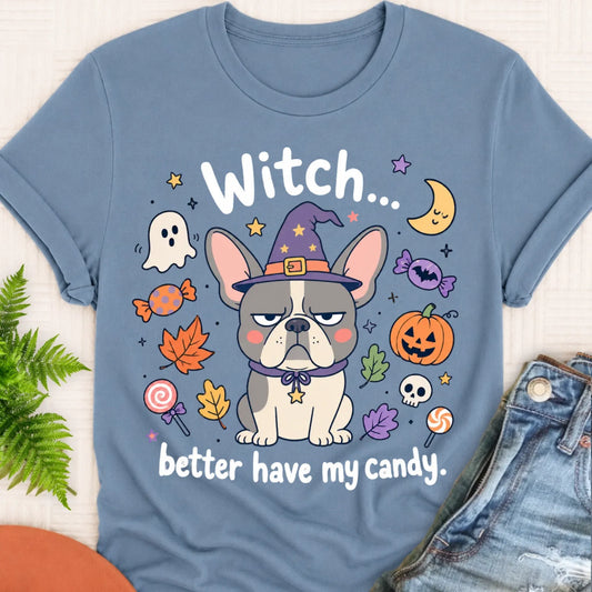 Custom Frenchie Halloween Witch Candy Unisex Tshirt Blue Jean