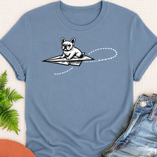 French Bulldog School Paper Airplane Unisex TShirt Blue Jean