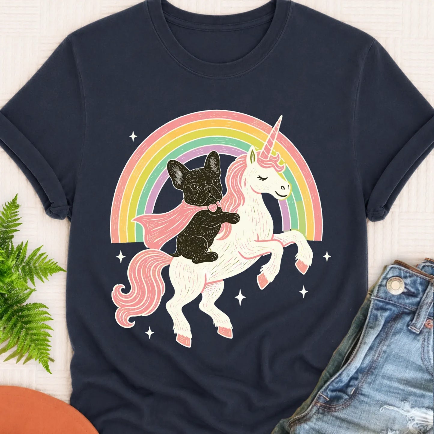 Custom Frenchie Fantasy Unicorn Unisex TShirt Navy
