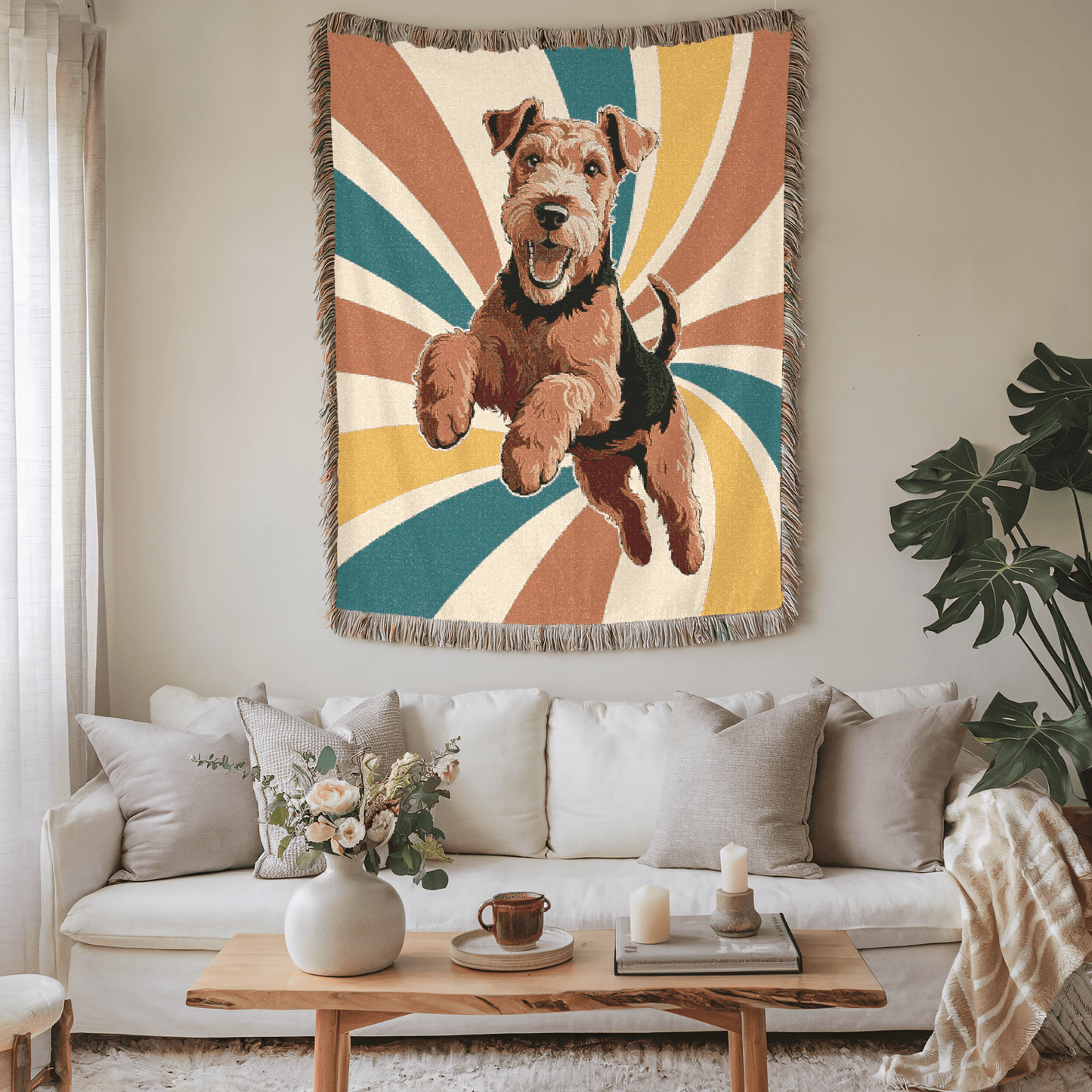 Printify Home Decor 70s Hippie Pet Woven Blanket, Airedale Terrier Dog Throw Housewarming, Fun Home Accent