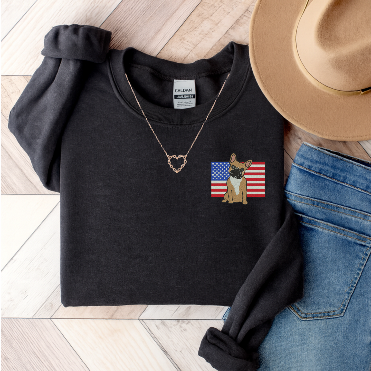 Embroidered Flag Fawn Frenchie Sweatshirt