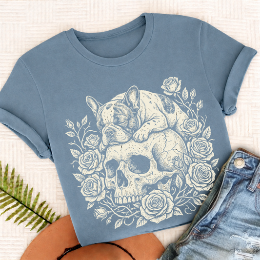 French Bulldog Memento Mori Unisex TShirt Blue Jean