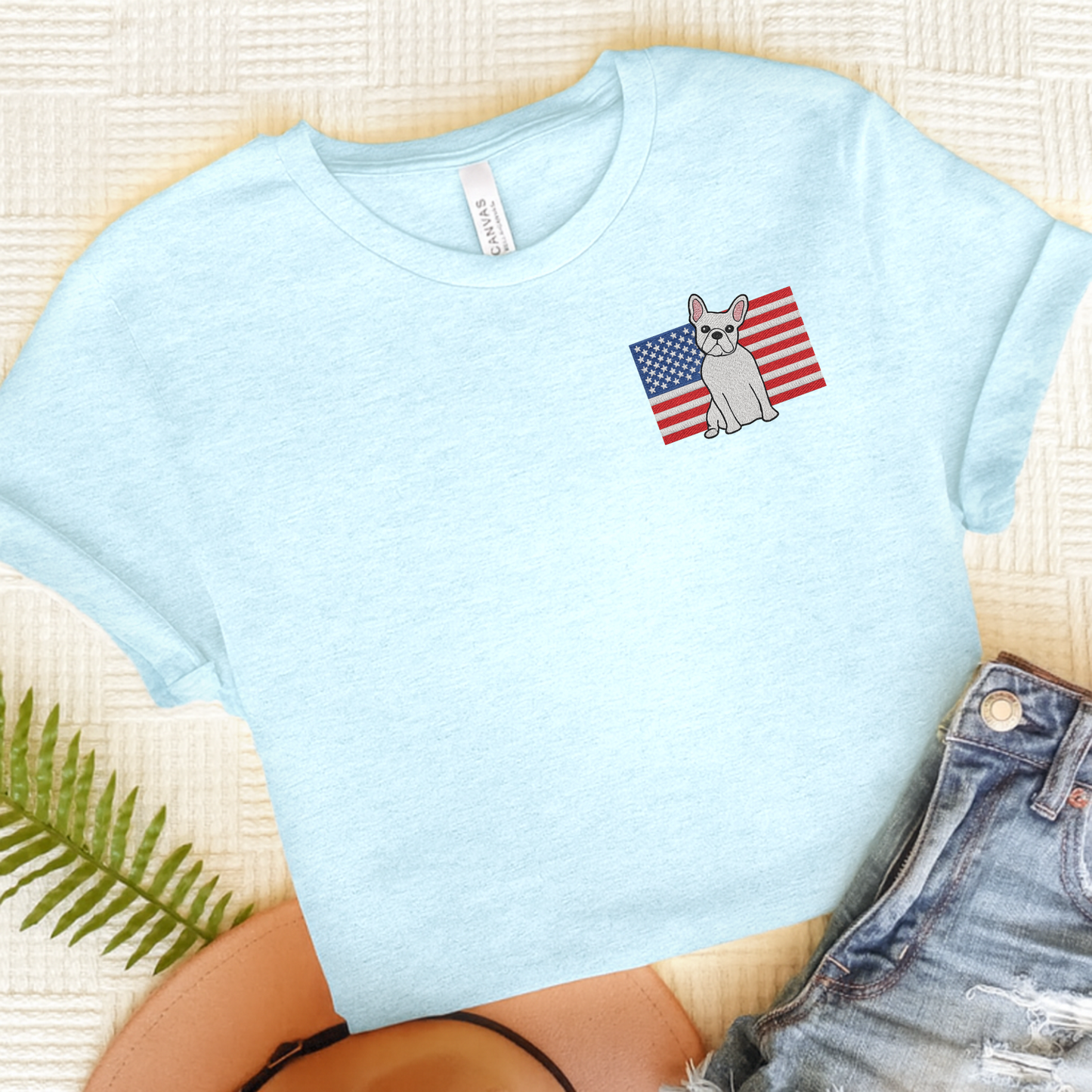 Embroidered Flag White Frenchie TShirt