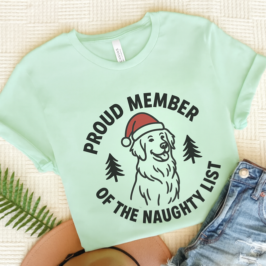 Golden Retriever Naughty List TShirt Heather Mint