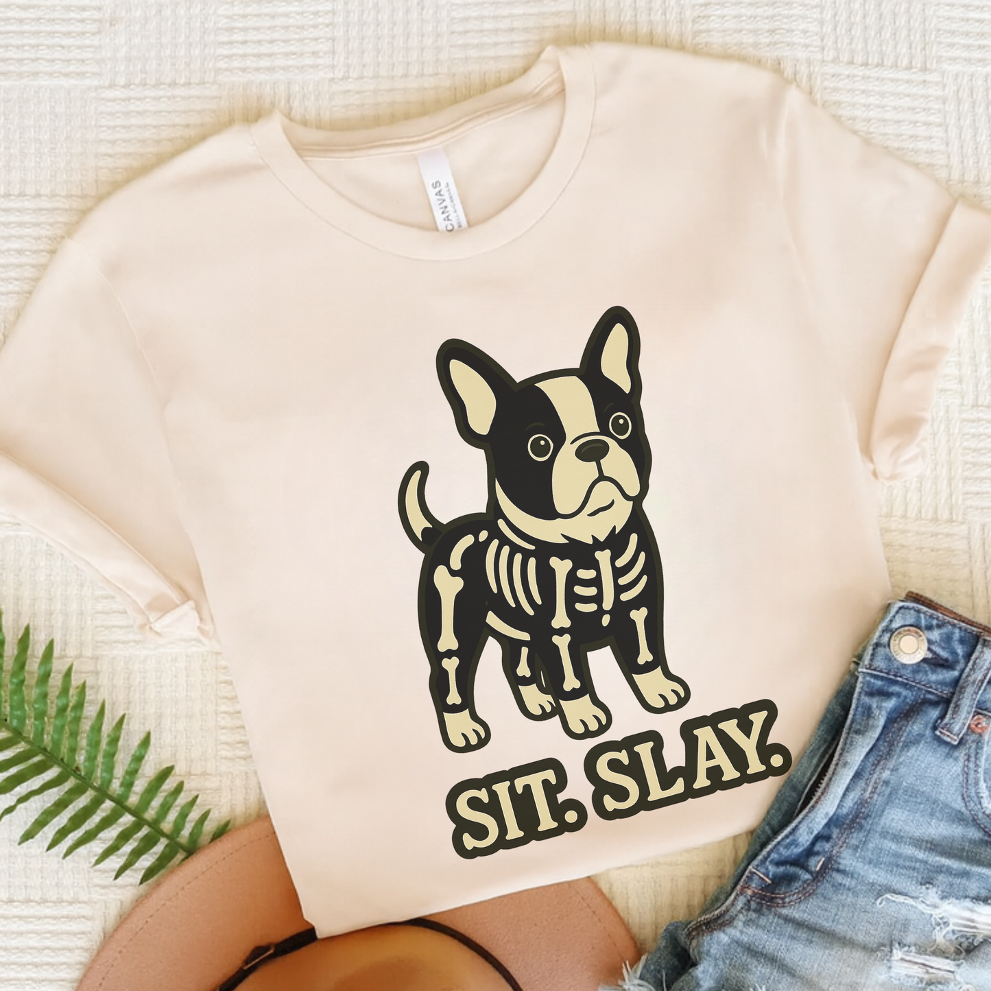 Piebald French Bulldog Stay. Slay. Halloween TShirt