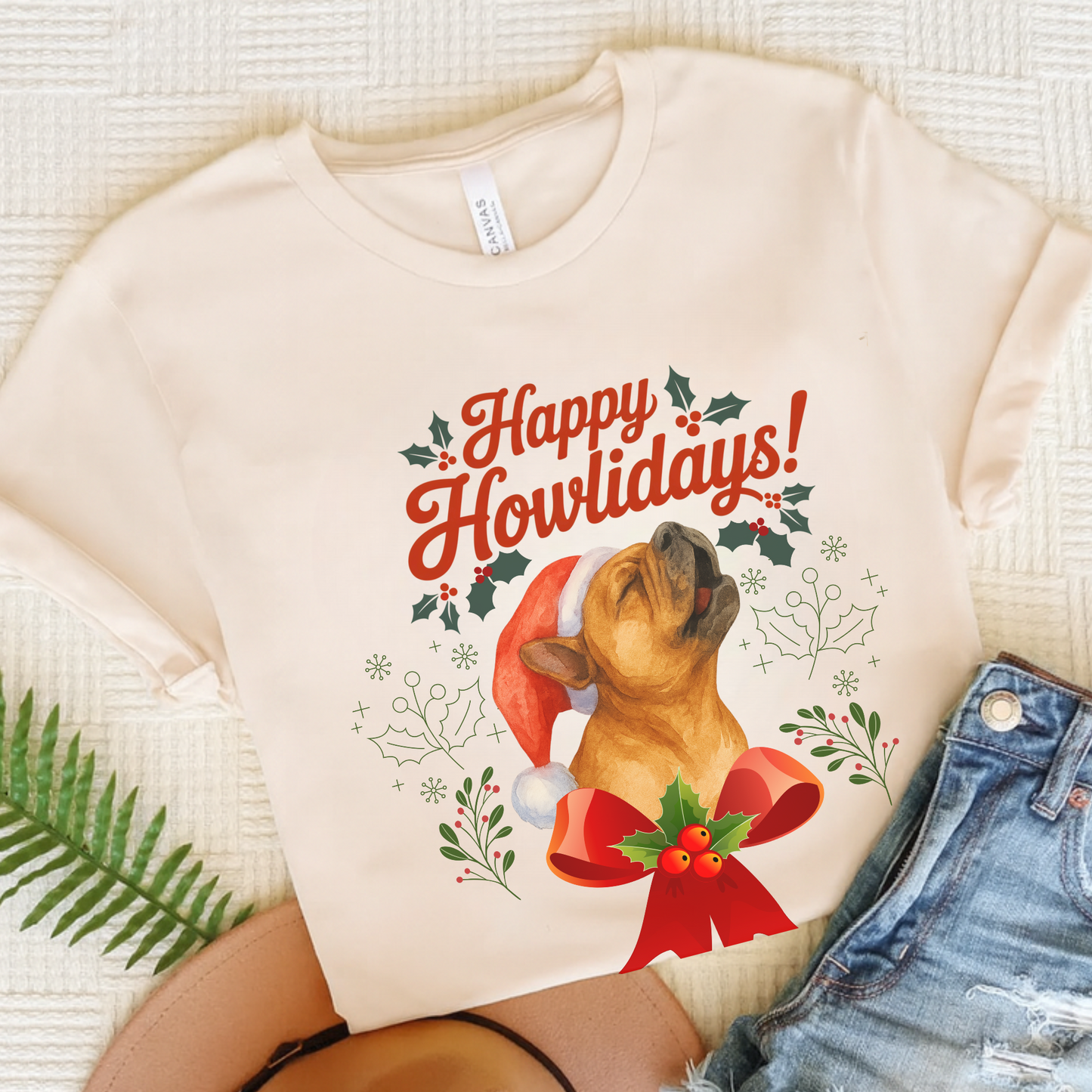 Fawn French Bulldog Happy Howlidays TShirt