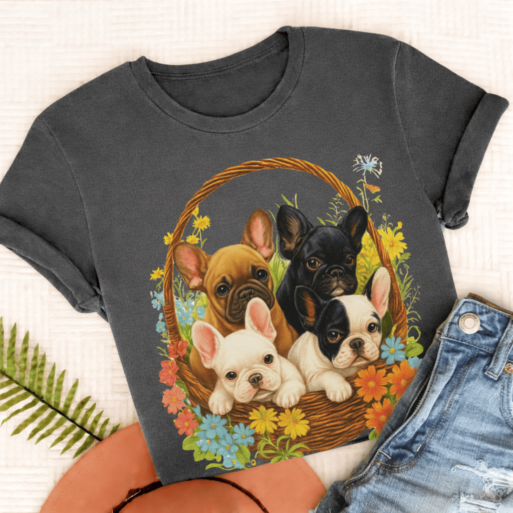 French Bulldog Retro Puppy Basket Unisex TShirt Pepper