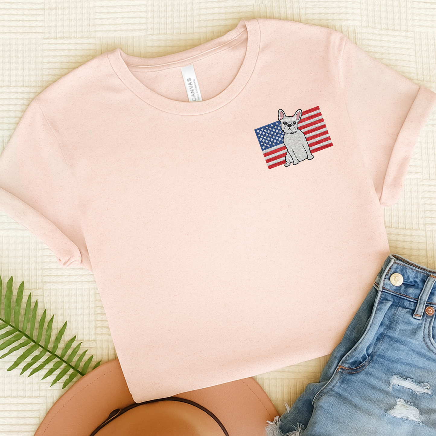 Embroidered Flag White Frenchie TShirt