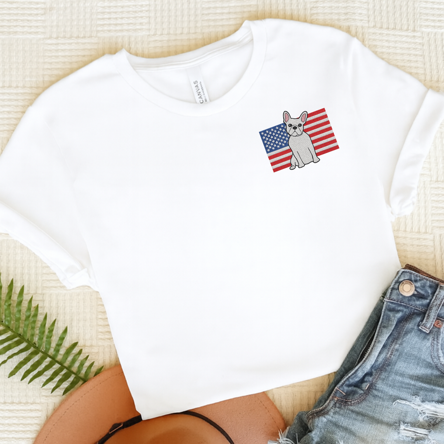 Embroidered Flag White Frenchie TShirt