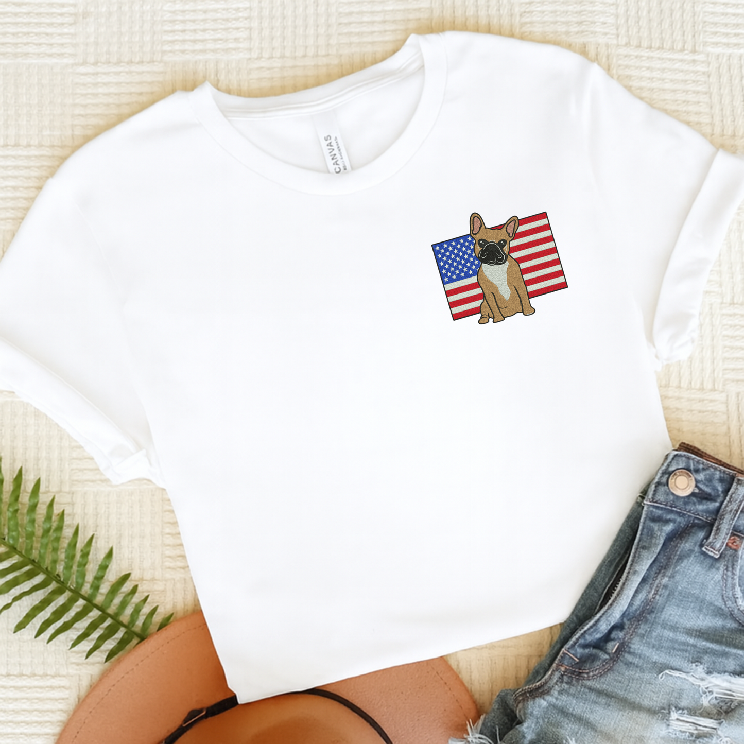 Embroidered Flag Fawn Frenchie TShirt