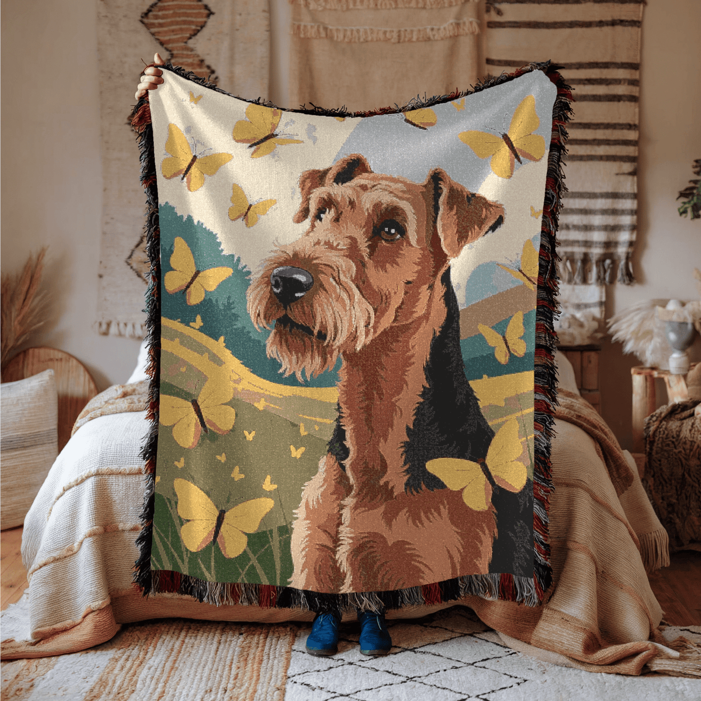 Printify Blanket Airedale Terrier Butterflies Spring Throw Blanket