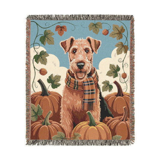 Airedale Terrier Fall Pumpkin Patch Woven Blanket