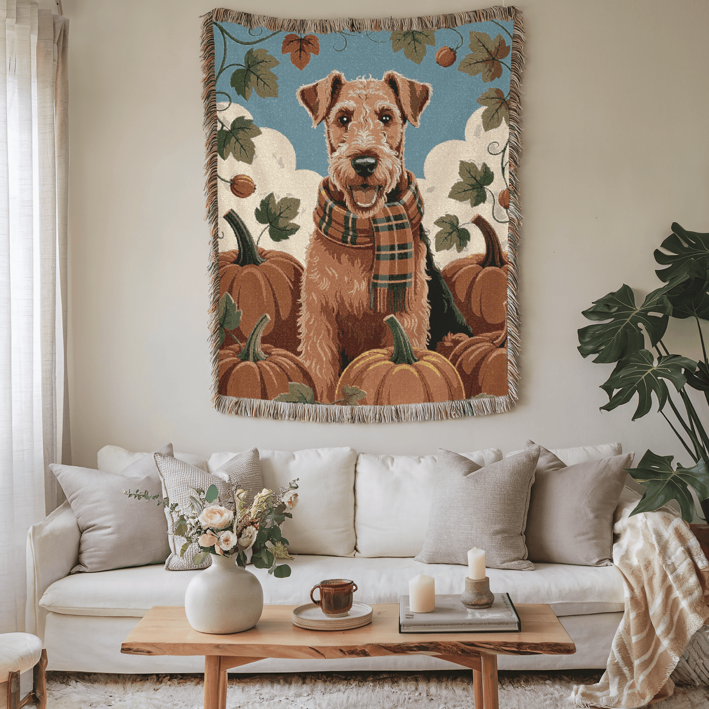Printify Blanket Airedale Terrier Fall Pumpkin Patch Woven Blanket
