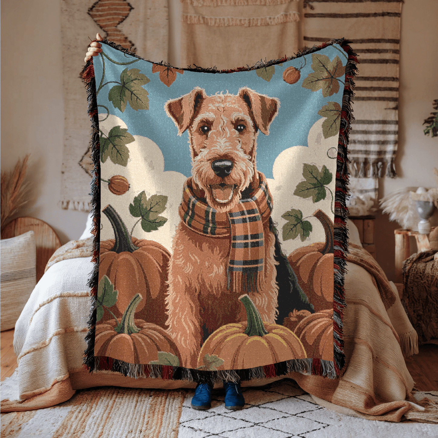 Printify Blanket Airedale Terrier Fall Pumpkin Patch Woven Blanket