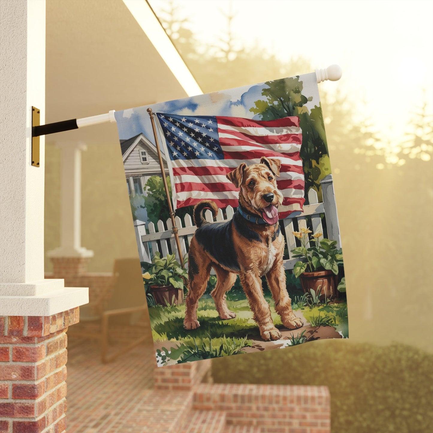Printify Home Decor Airedale Terrier Garden Flag, 4th of July, US Flag Yard Outside Decor, Patriotic Housewarming, Gardener Dog Mom Dad, Summer Lawn Art