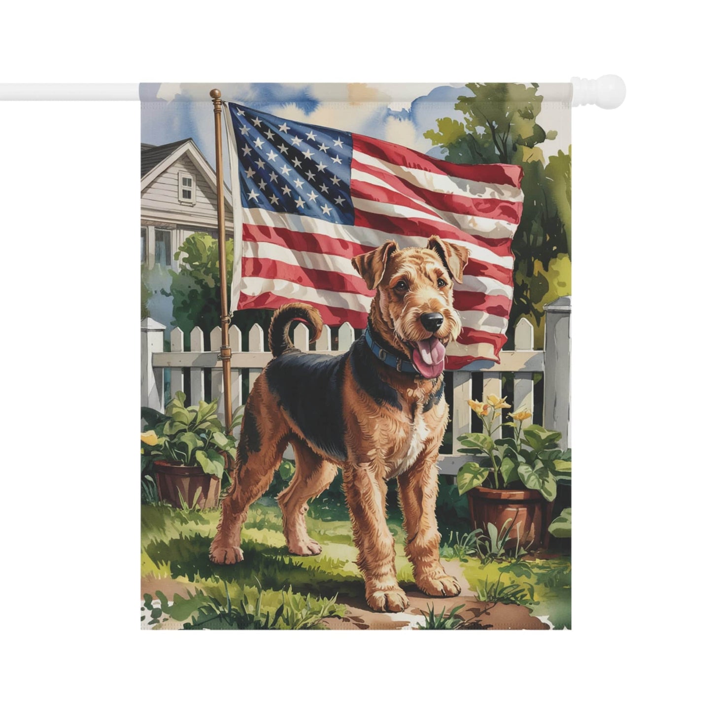 Printify Home Decor 24.5'' × 32'' Airedale Terrier Garden Flag, 4th of July, US Flag Yard Outside Decor, Patriotic Housewarming, Gardener Dog Mom Dad, Summer Lawn Art