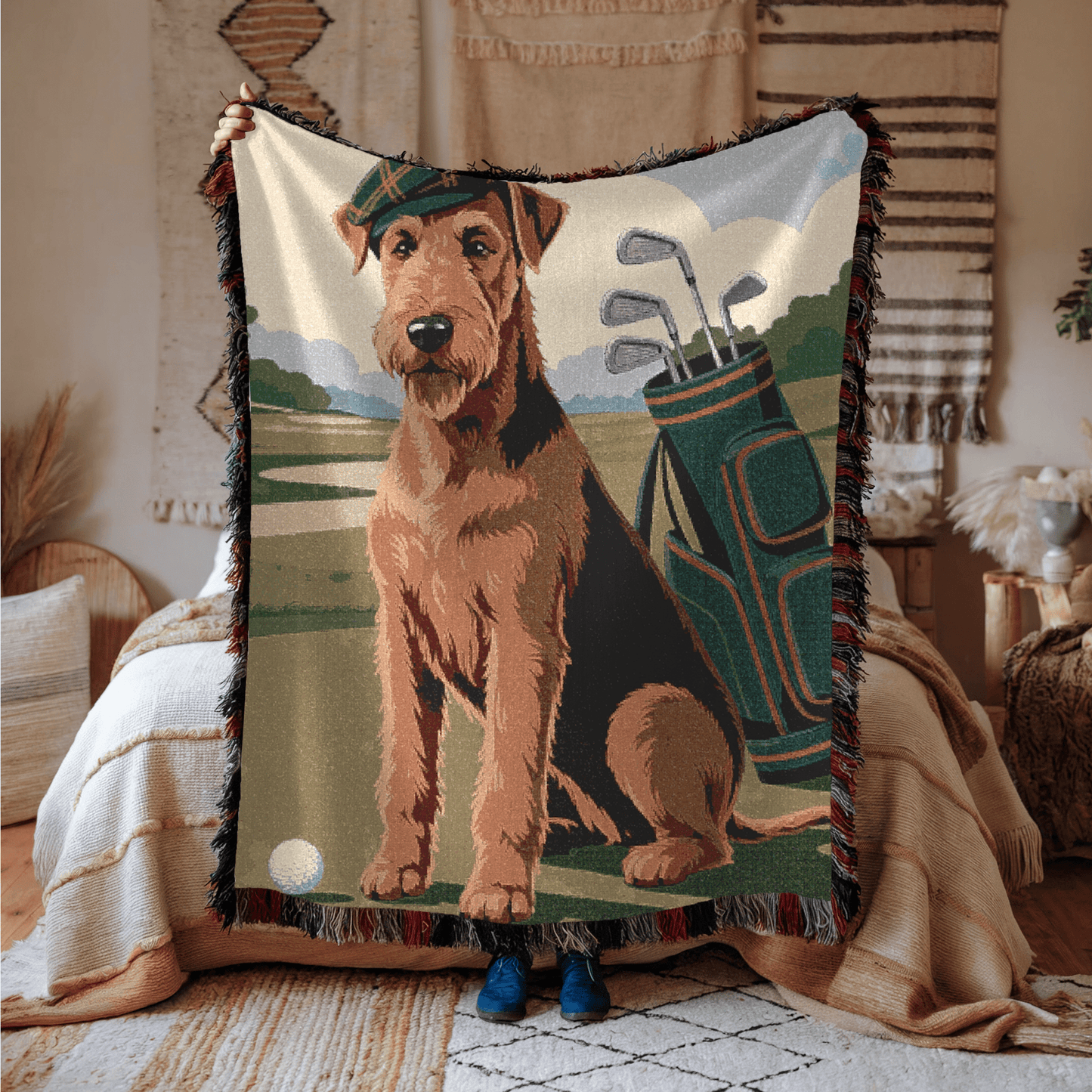 Printify Blanket Airedale Terrier Golfing Woven Blanket