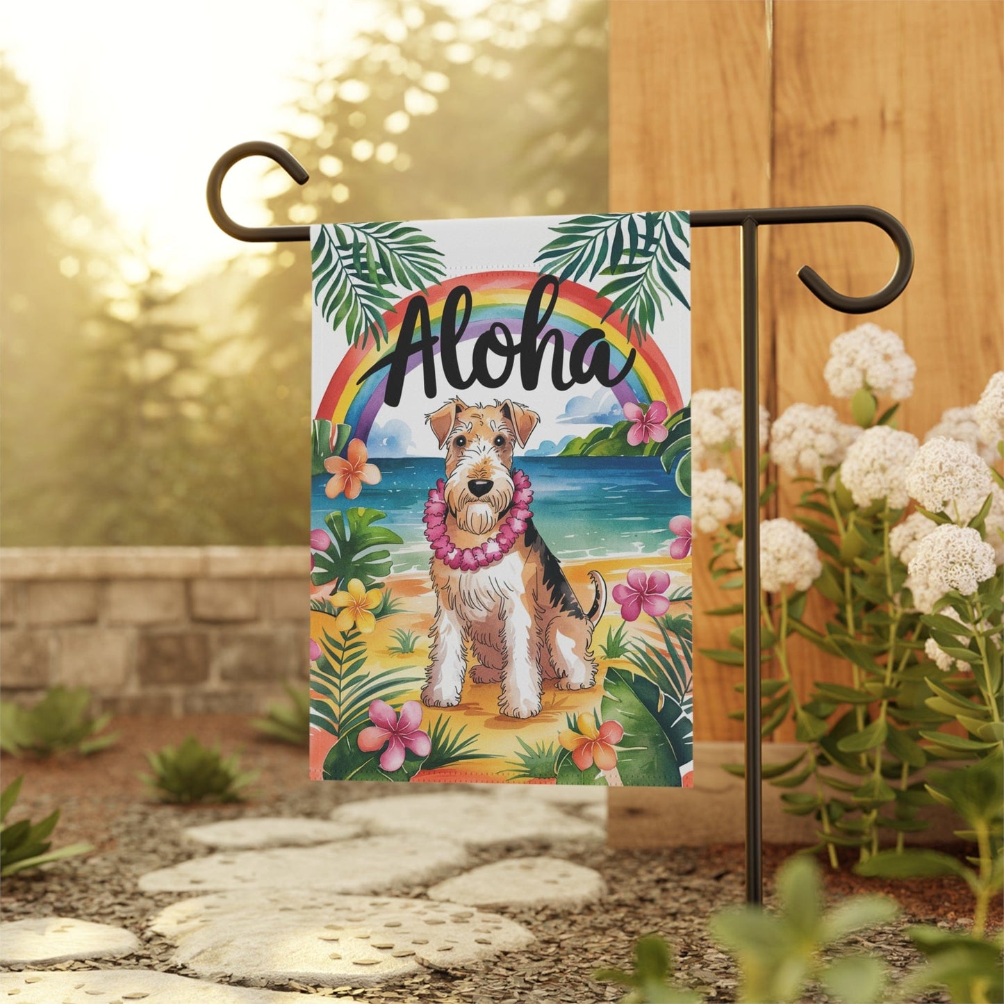 Printify Home Decor Airedale Terrier Hawaii Garden Flag, Aloha Luau Party Decor, Tropical Hawaiian Beach, Housewarming Gardener Gift