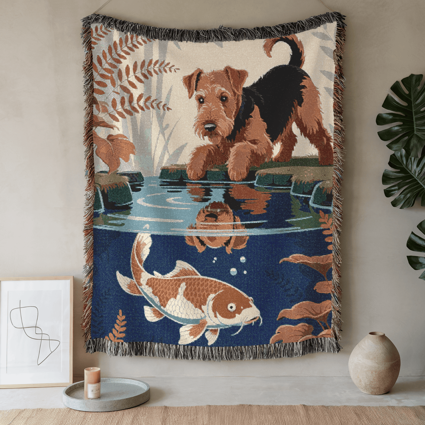 Printify Blanket Airedale Terrier Koi Pond Throw Blanket