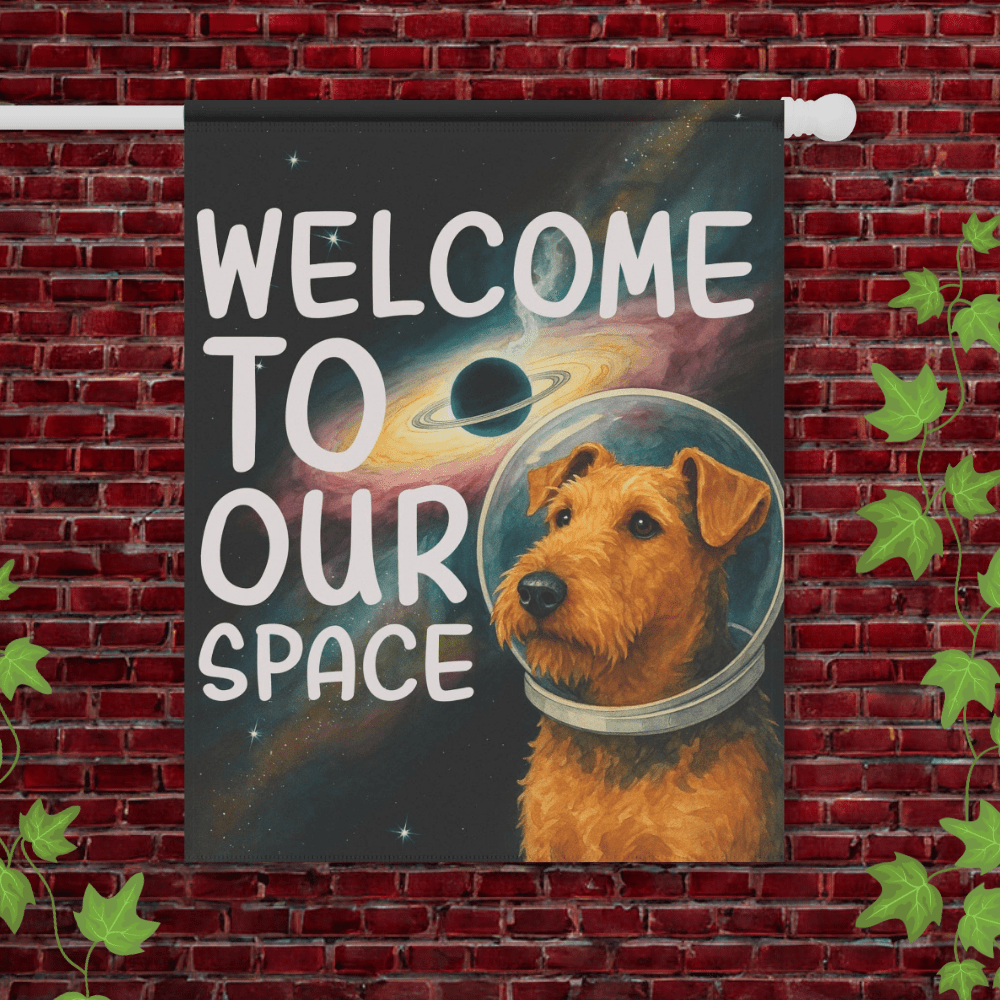 Printify Garden Flag 24.5'' × 32'' Airedale Terrier Outer Space Garden Flag