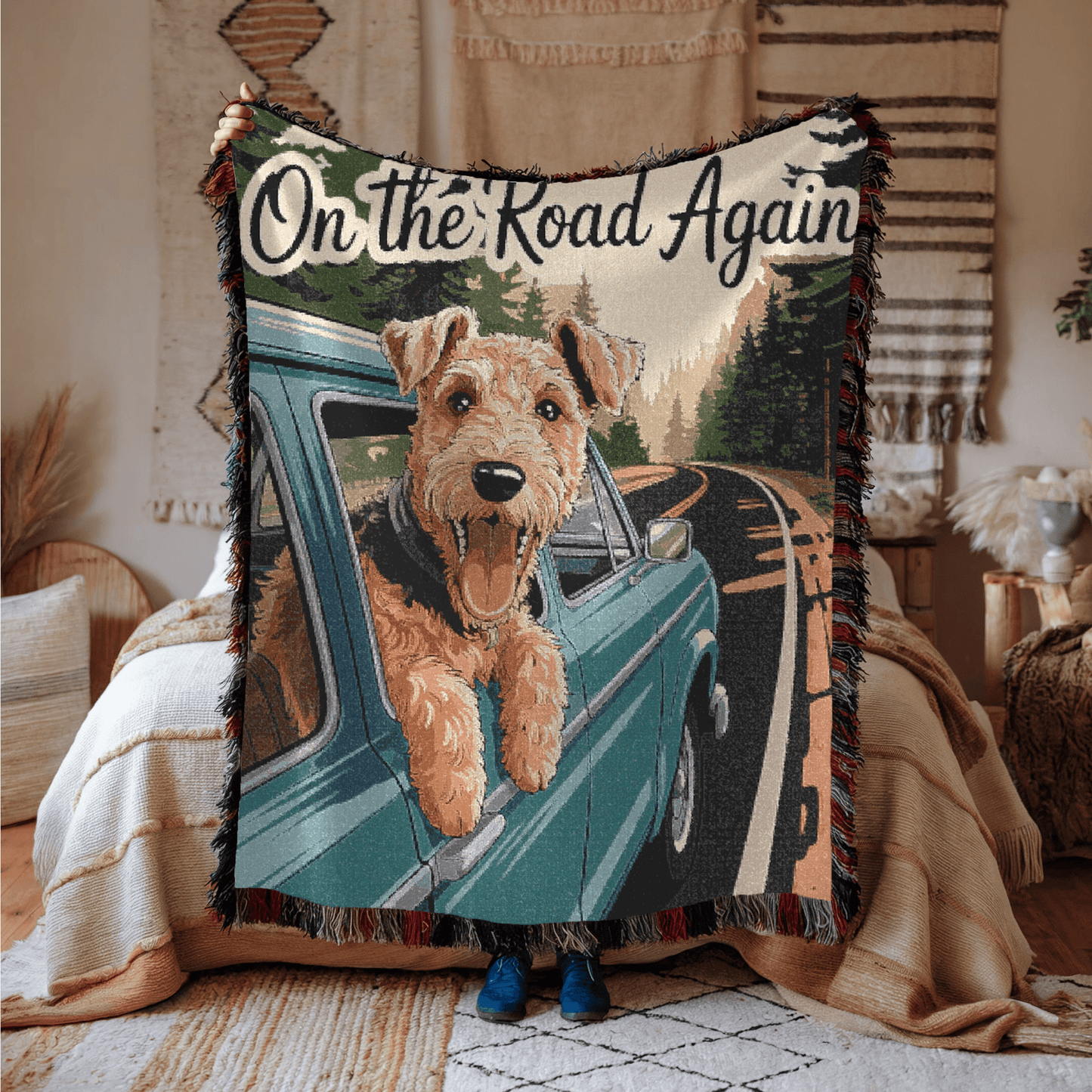 Printify Blanket Airedale Terrier Road Trip Travel Throw Blanket